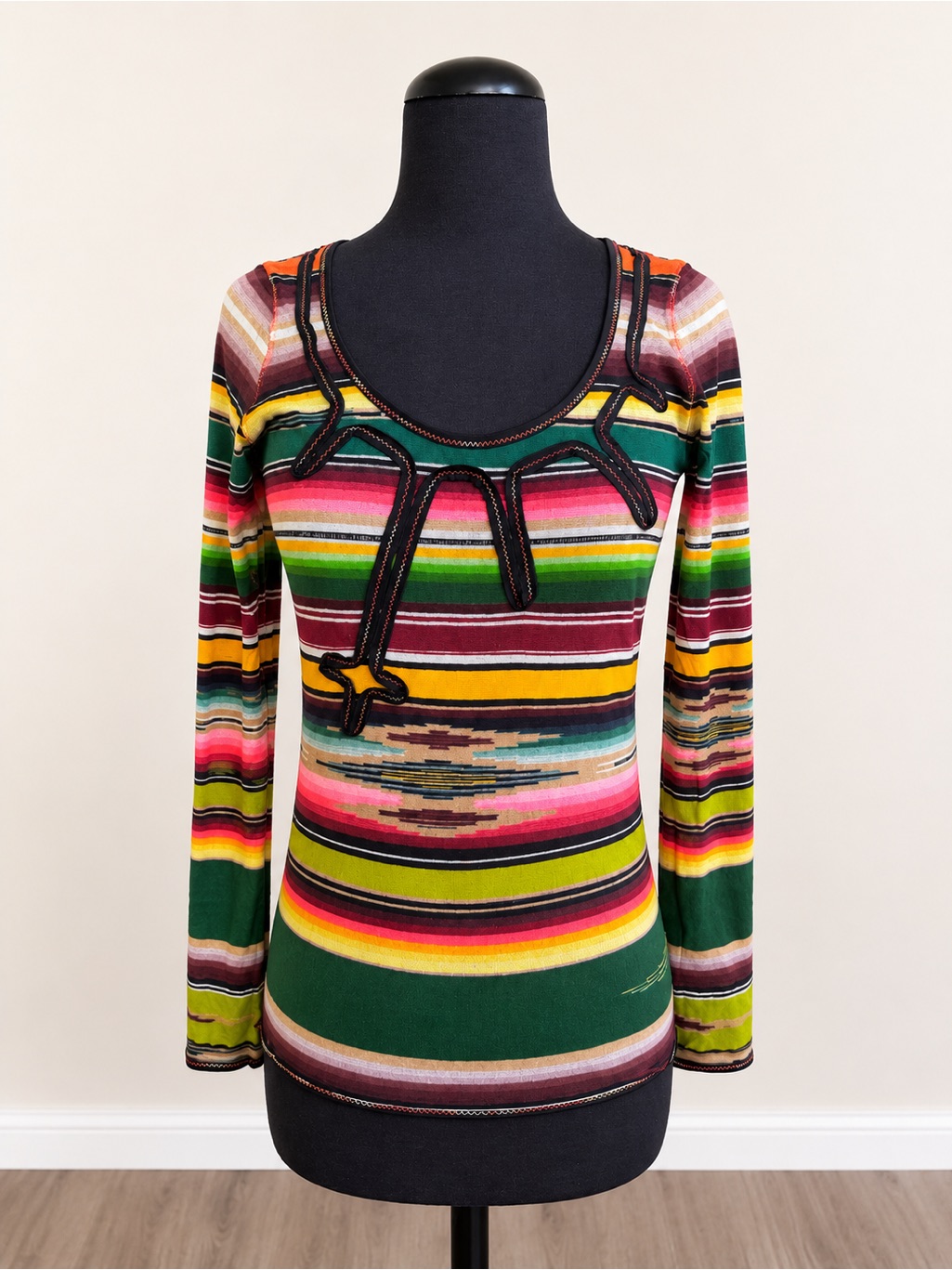 Jean Paul Gaultier Soleil Stretch Mesh Multicolor Long-Sleeve Scoop Neck Top